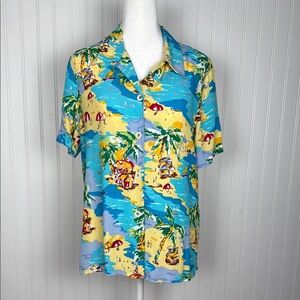Vintage Blue and Yellow Casual Button Down Shirt with Tropical Print